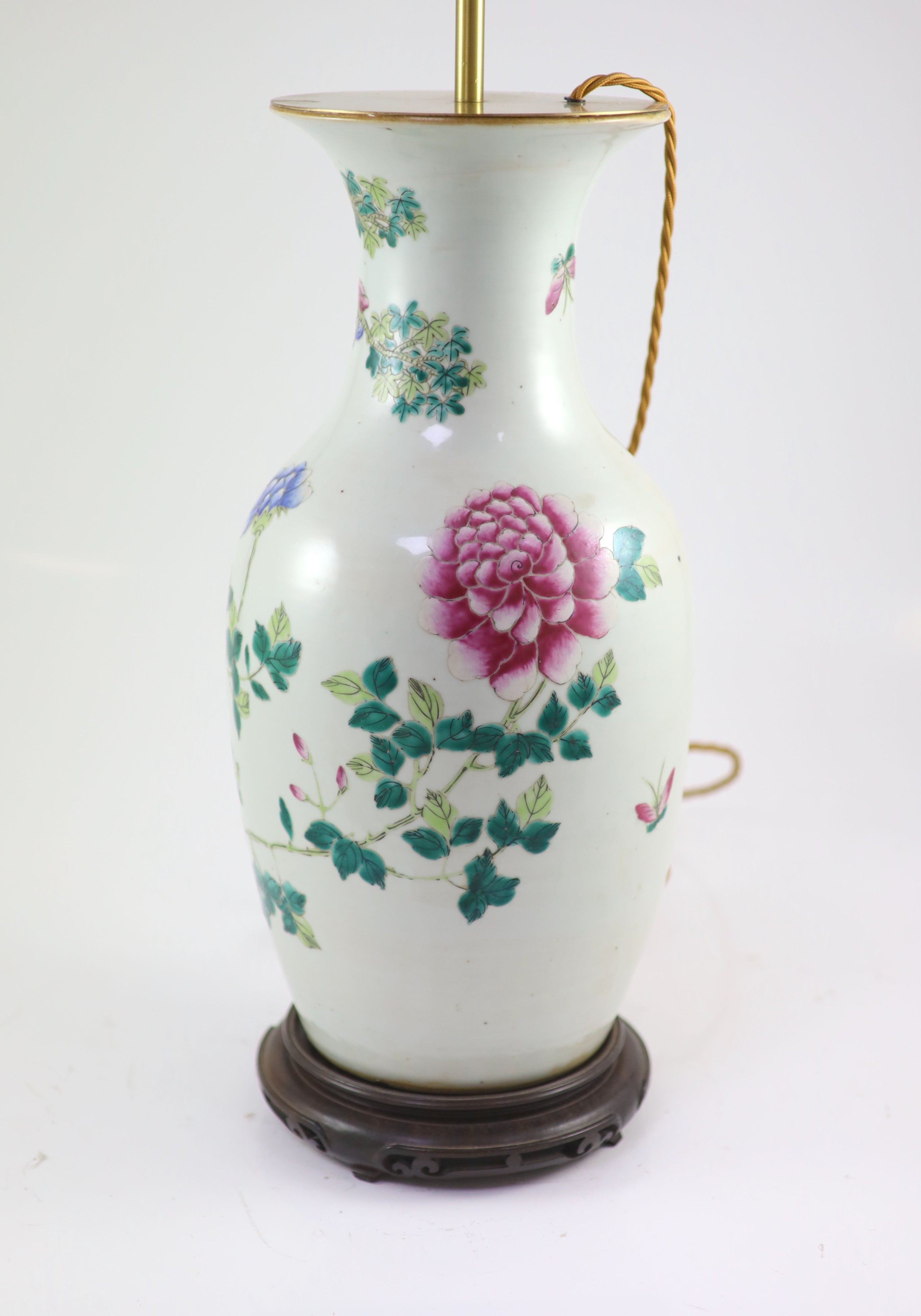 A large Chinese famille rose ‘phoenix’ vase, 19th century, 43.5cm excluding later glued lamp mount